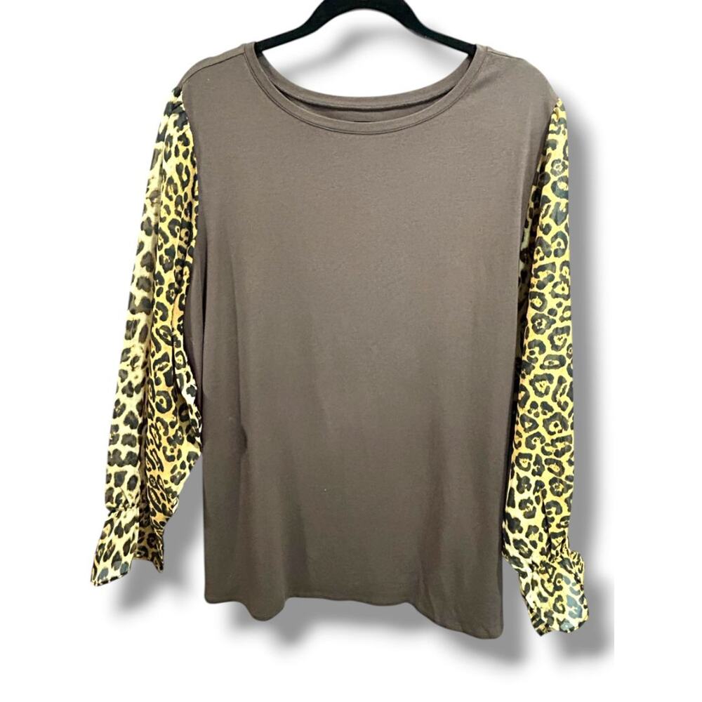 3X Belle Kim Gravel Womens Plus Size Shirt Sheer Leopard Print Long Sleeve